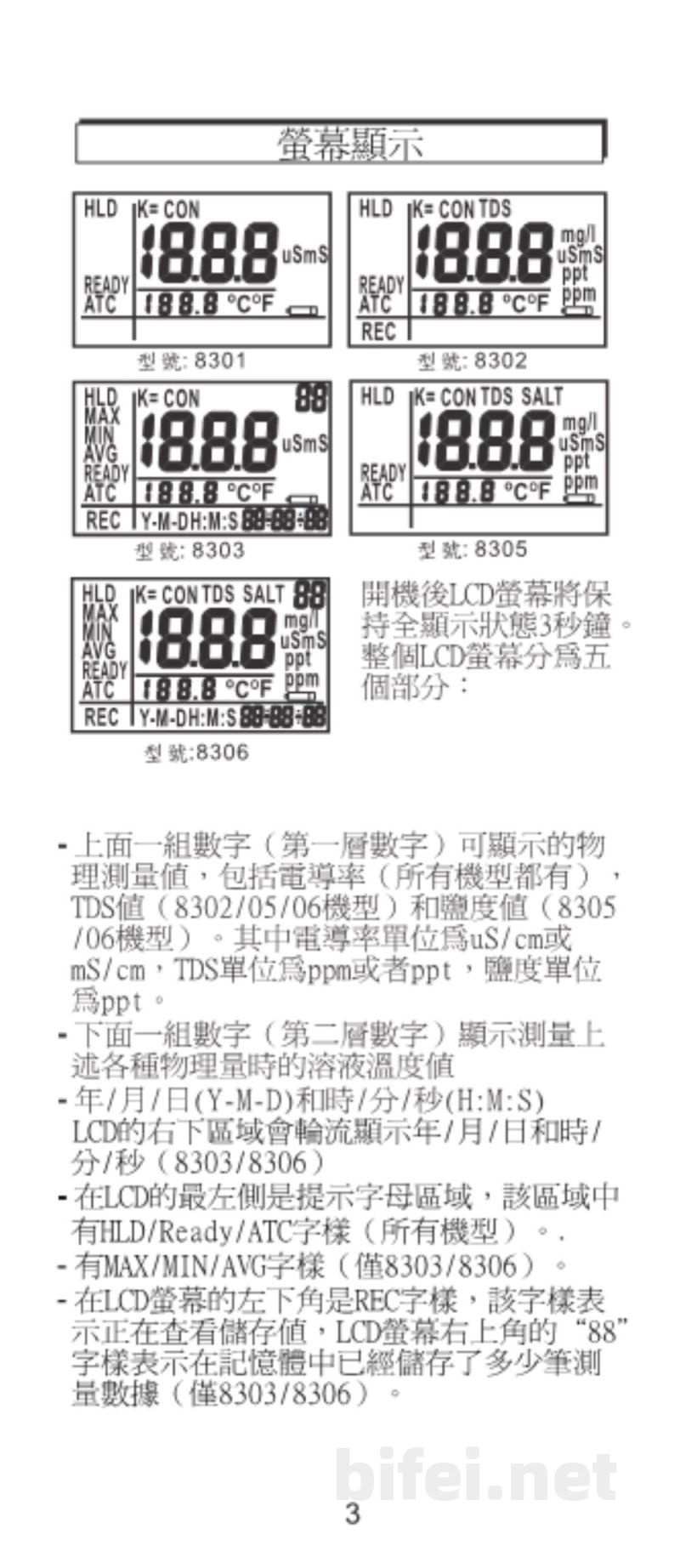 台湾衡欣 电导度/TDS/盐度/温度多合一量测仪 8301/8302/8303/8305/8306 - 使用说明书预览图5