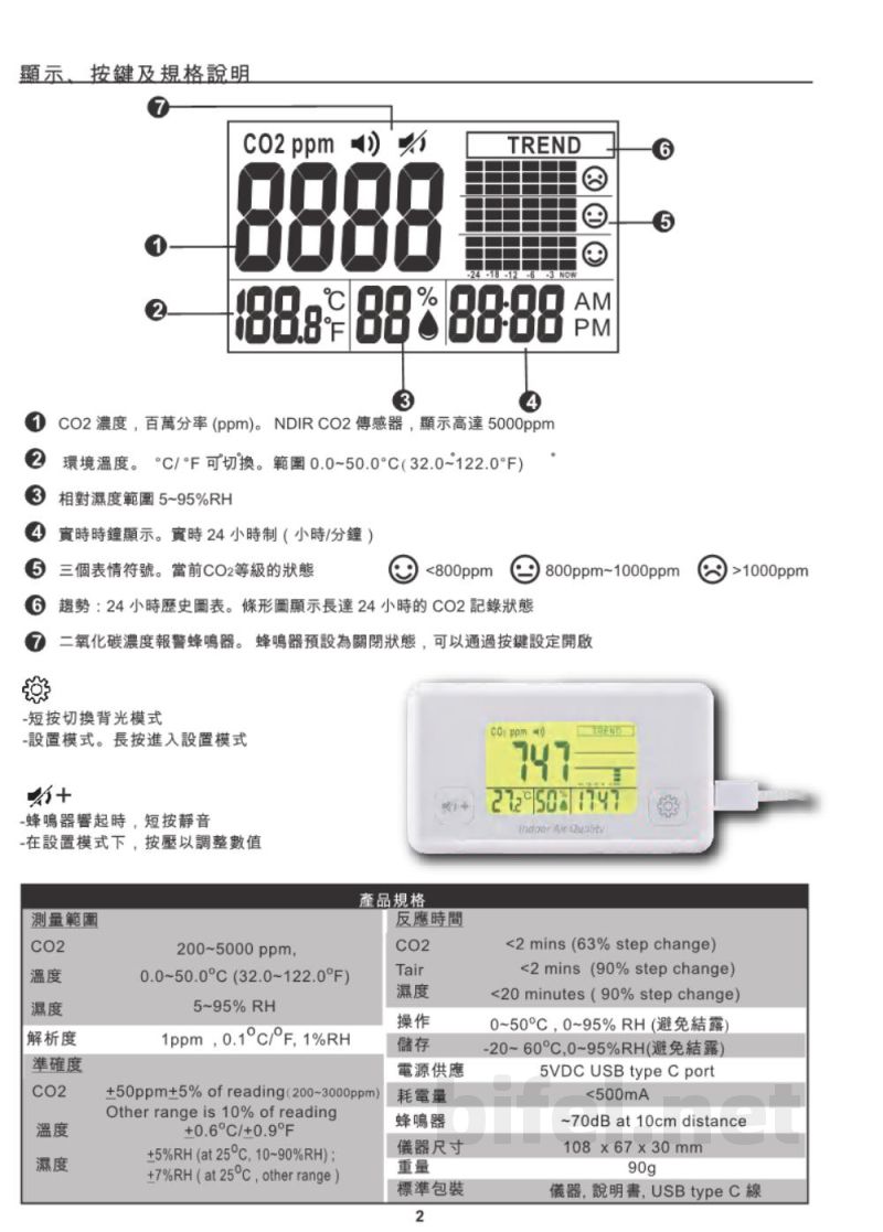 台湾衡欣 七彩CO2/温湿度测试仪 7727 - 使用说明书预览图2