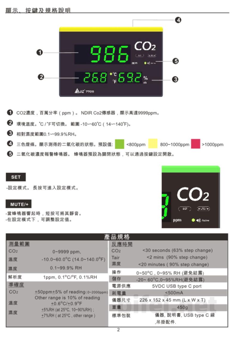 台湾衡欣 大屏CO2/温湿度测试仪 7729 - 使用说明书预览图2