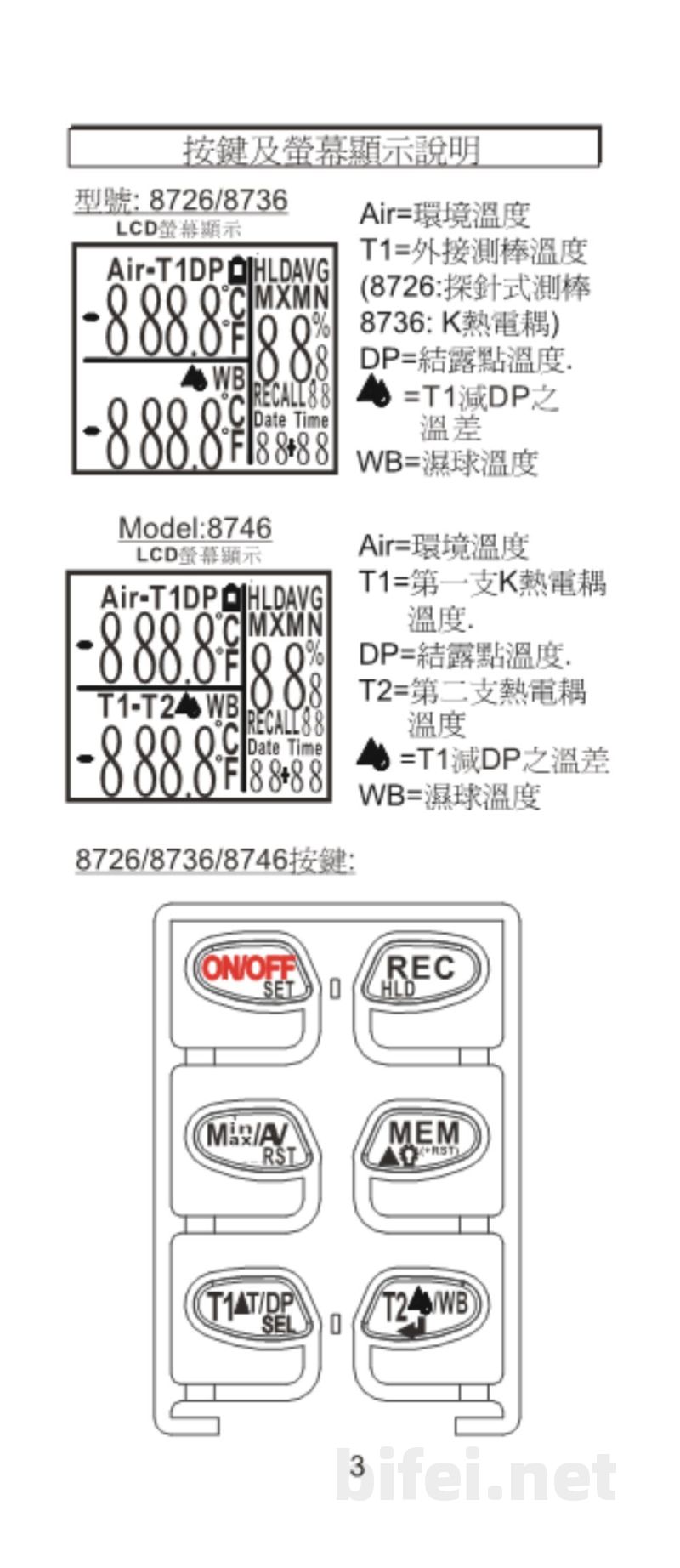台湾衡欣 高精度单通道K热电偶温湿度计 8726/8736/8746 - 使用说明书预览图4