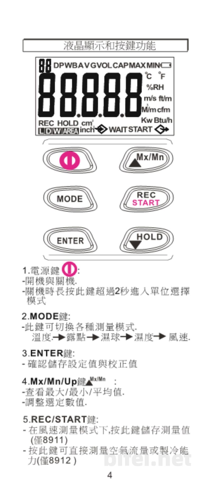 台湾衡欣 手持式BTU风速湿度计 8902/8911/8912 - 使用说明书预览图5