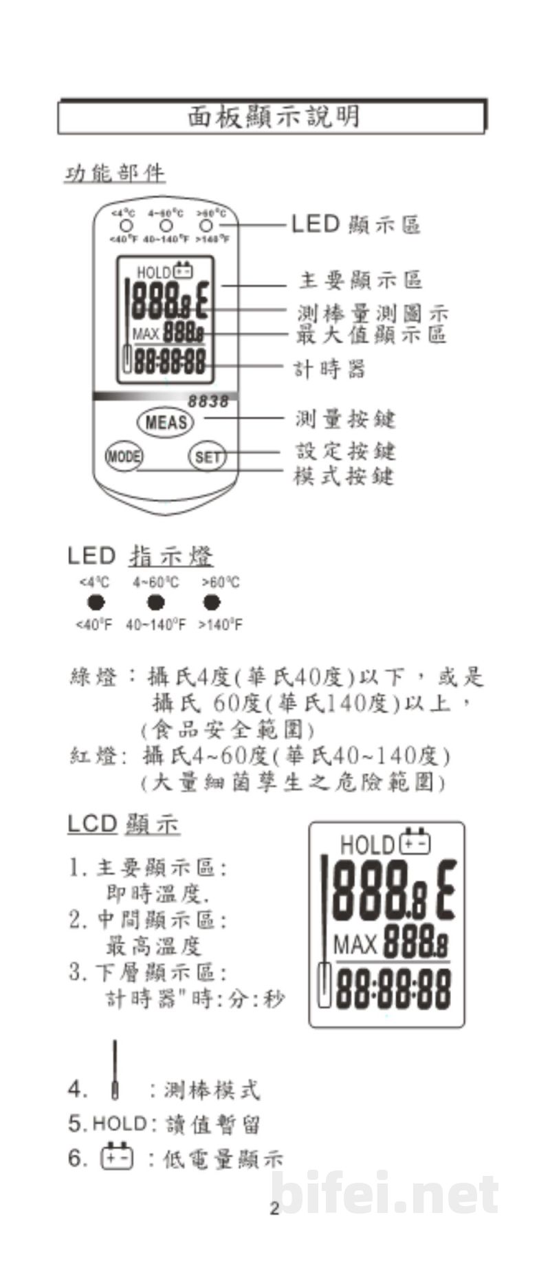 台湾衡欣 食品安全红外线温度计/白金温度测棒 8838 - 使用说明书预览图3