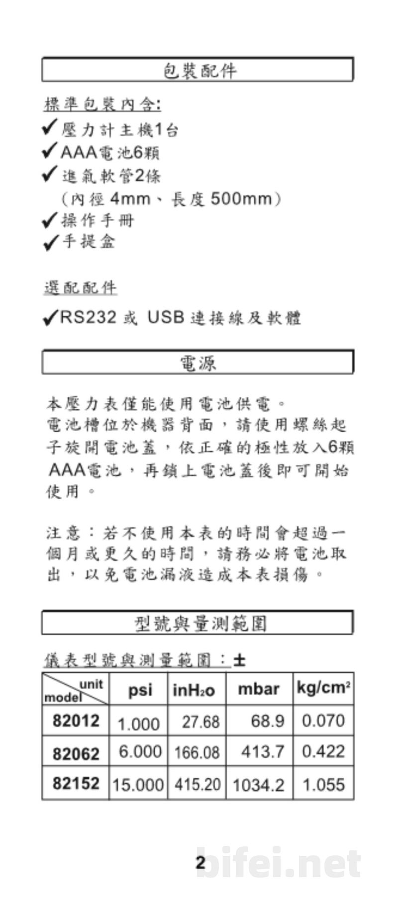 台湾衡欣 1 PSI经济型数位式压差计 82012/82062/82152 - 使用说明书预览图3